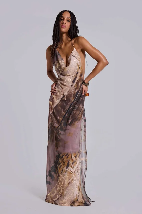 Alameda Metallic Cowl Backless Chiffon Maxi Dress