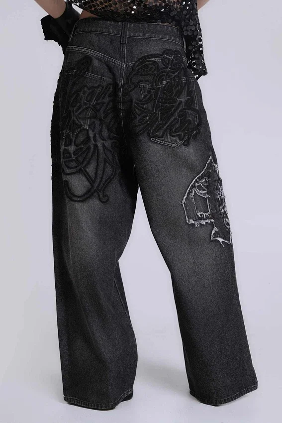 Black Raised Embroidery XL Colossus Jeans