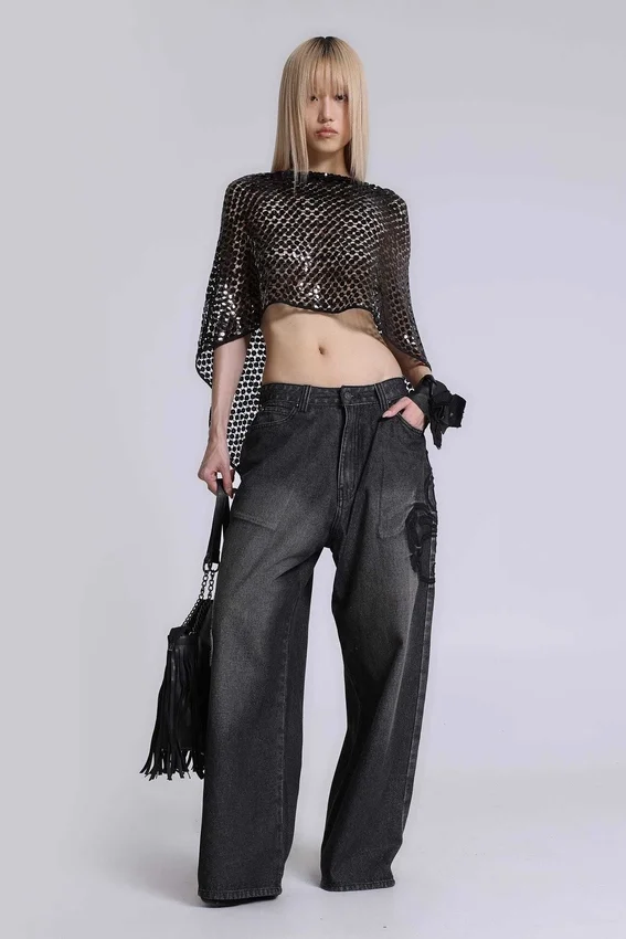 Black Raised Embroidery XL Colossus Jeans