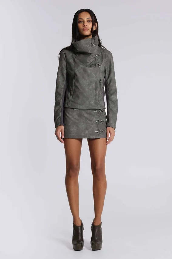 Cera Clasp PU Leather Funnel Jacket