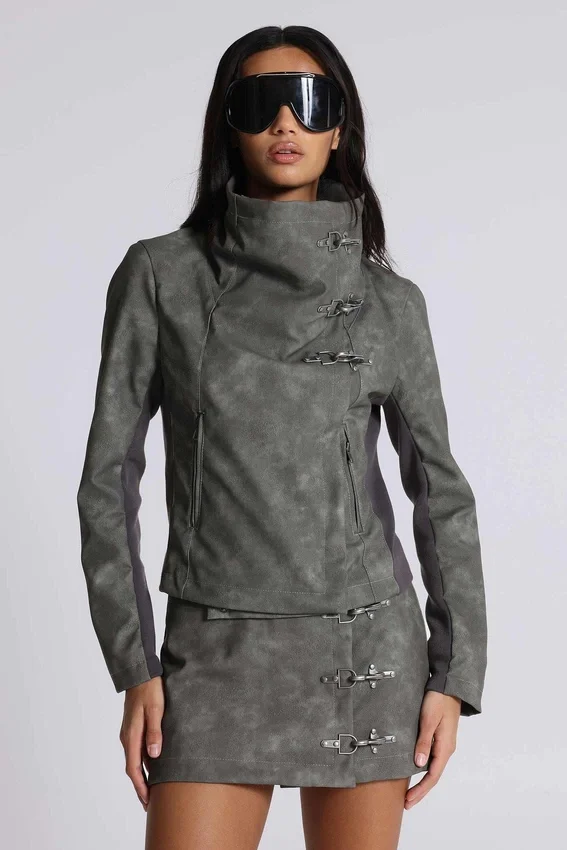 Cera Clasp PU Leather Funnel Jacket