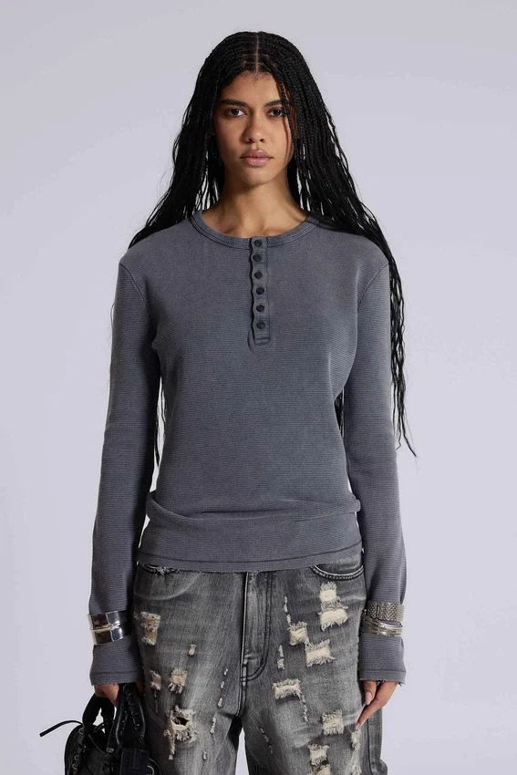 Charcoal Waffle Henley Top