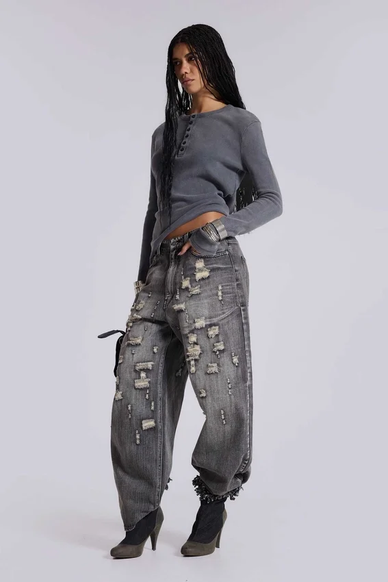 Charcoal Waffle Henley Top