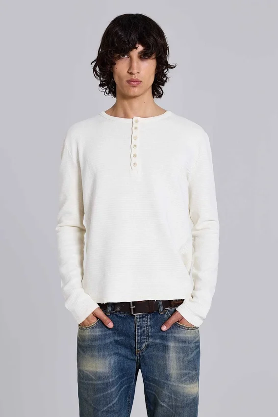 Ecru Waffle Henley Top