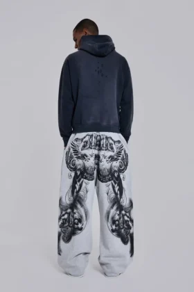 Grey Marl Gothic Print Baggy Monster Joggers