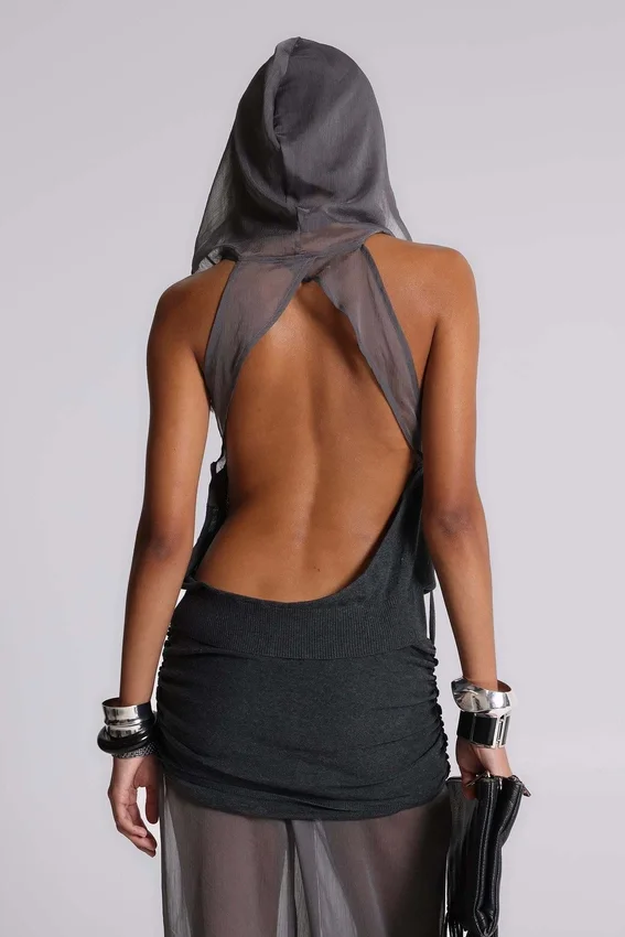 Lurien Backless Hooded Chiffon Knit Top