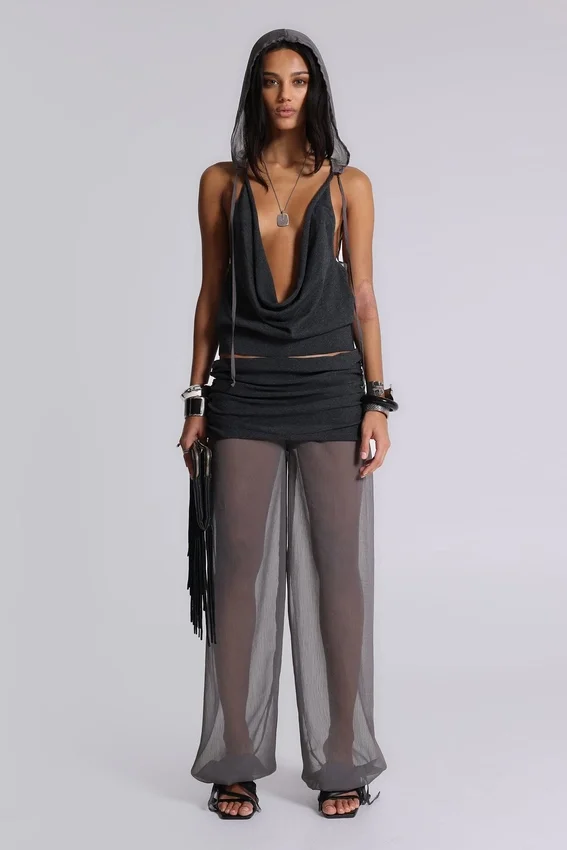 Lurien Backless Hooded Chiffon Knit Top