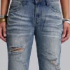Mid Blue Distressed Creased Drift Flared Jeans