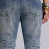 Mid Blue Distressed Creased Drift Flared Jeans