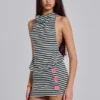 Misty Stripe Button Backless Mini Dress