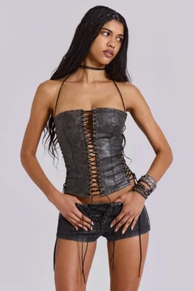 Odile Black Faux Leather Lace Up Corset