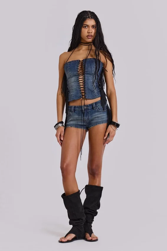 Odile Denim Fringe Lace Up Corset