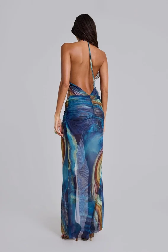 Quartz Halter Maxi Dress with Crystals
