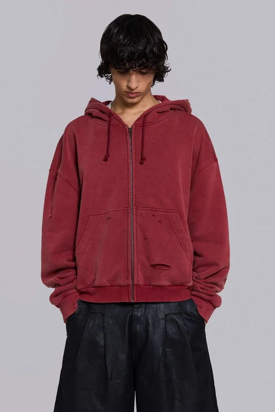 Red Sun Faded Waffle Lined Zip Hoodie