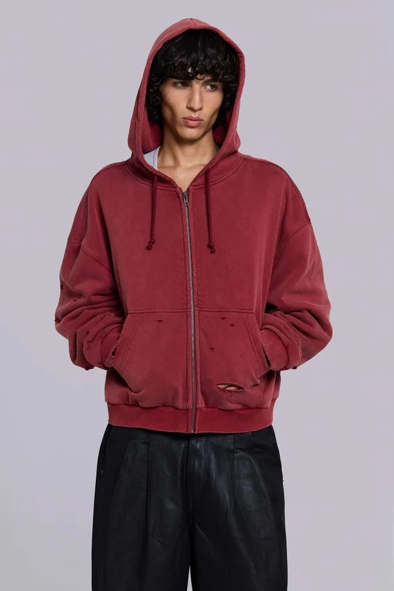 Red Sun Faded Waffle Lined Zip Hoodie