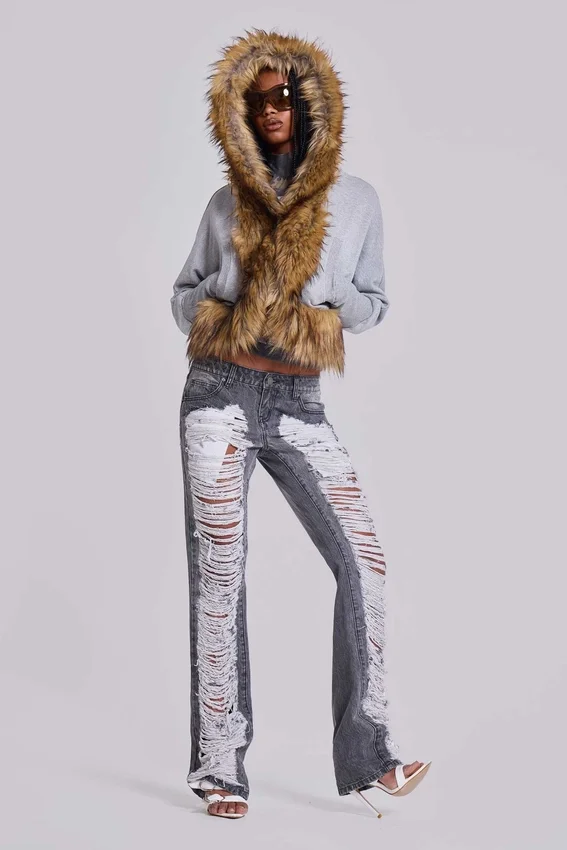 Zain Shredded Bootcut Jeans in Grey